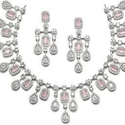 Rhodium-Plated Silver Toned Square Shaped American Diamond Studded Necklace with Earring Jewellery Set for Girls and Women-14
