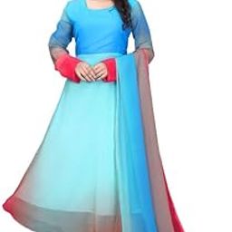Women's Georgette Printed Round Neck A-Line Knee Length 3/4 Sleeve Regular Pull On Lightweight Anarkali Gown with Dupatta Set (Sky Blue-)-8