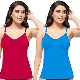 Womens Girls Ladies Non Padded Cotton Bra Slip Adjustable Strap Camisole 2 Pieces Combo, Color: Pink/Sky-Blue, Size: Small-image-45