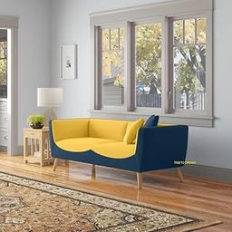 TREE TO DREAMY Modern Velvet Sofa Couch with Wooden Legs, Modern Color Combination Stunning Sofa Couch for Living Room, Bedroom, Hall, Office (Blue & Yellow, 3 Seater)-image-67