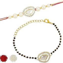 Elegant Kundan Stone Bhaiya Bhabhi Mangalsutra Bracelet Rakhi Set With Roli Chawal & Rakshabandhan Card For Brother/Bro/Men (R137-CO)-image-99