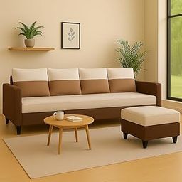 FURNY Premium Conva Fabric 5 Seater L Shape Sofa Set 4 Seater Modern Sofa Set & Ottoman for Living Room (Beige & Brown Color)-image-86