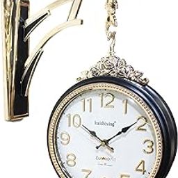 EUROXO Luxury Round Wall Hanging Double Sided 2 Faces Retro Station Analog Wall Clock (Model-6, Black-Gold) (8-Black-White), Plastic-image-17