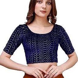 Women's Readymade Velvet Lycra Stretchable Round Neck Half Sleeve Blouse with jari Work Fancy Lycra Stretchable Blouse for Women Readymade Saree Blouse-picture-49