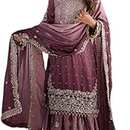 Women's Chinon Silk Embroidery Kurta Sharara Set With Dupatta.-picture-2