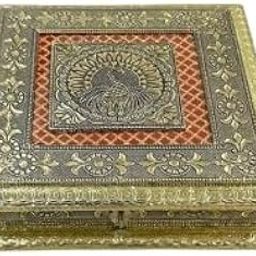 KALICO Decorative Jewelry Box with Rangoli Design, 20x20 cm, Antique Brass Finish, Square Storage Box-15