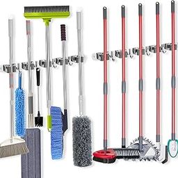 voze [2-Pack] 5 Shelves and 4 Hooks Mop and Broom Holder Wall Mount Self Adhesive Heavy Duty Broom Organizer Storage Tool Racks for Kitchen Garden Laundry Room Garage Silver-image-51