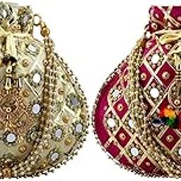 Lookingfab Presents Women's Rajasthani Style Silk Potli Velvet with Purse with Gota Patti Potli Purse Handicrafts Handmade Decorative Silk Jaipuri Resham Potlis | (Golden, Pink)-31