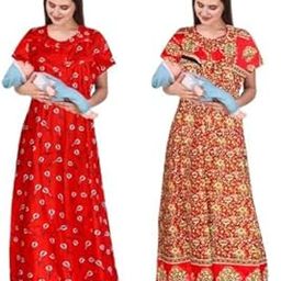 Women's Printed Maternity Nighty/Feeding Nighty/Pregnancy Night Gown/A-Line Nursing Nighty with Zippers for Nursing Pre and Post-Pregnancy- Pack of 2-HMZNFN0036 Multicolour-image-63