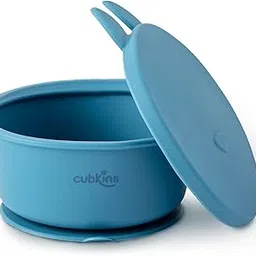 CUBKINS Baby Feeding Silicone Bowl for Kids, Babies and Toddler | Anti-Slip, Reusable Silicone Suction Bowl, Microwave & Dishwasher Safe with Lid (Blue Olive)-picture-12