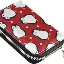 Cute Cartoon Penguin Snow Red RFID Credit Card Wallet, Microfiber Leather Zipper Card Case Holder for Women-image-80