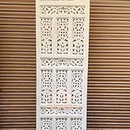 WoodCraftia Wooden Room Divider Partition - Foldable Wood Screen Separator for Living Room, Bedroom, Office, Restaurant || Kangra Badrun Design - White (Single Panel with Stands)-image-37