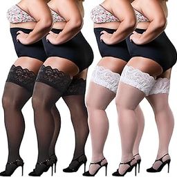 4 Pairs of 3 XL Plus Size Thigh High Stockings Black White Nylon Lace Top Silky Pantyhose Semi Sheer Plus Size Hosiery for Women for Thick Thighs-12