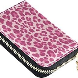 Pink Leopard Print RFID Credit Card Wallet, Microfiber Leather Zipper Card Case Holder for Women-image-85