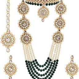 Womens Gold Plated Bridal Long Necklace Set Neck Choker with Earrings and Maang Tikka for Women & Girls (Green)-image-87