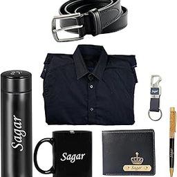 Personalized Gift Set for Men | Custom Name Wallet, Black Shirt, Mug, Key Case, Belt, Pen, Water Bottle | Birthday, Anniversary, Wedding Gifts for Husband, Boyfriend Combo Set-picture-15
