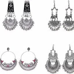 bling queen Women's Silver Plated Oxidised Combo Of 4 Chandelier Earring With Tasseled Beads, Silver Dangling Earring, Ethnic Oxidized Earring, Combo Earrings Silver Oxidized, Chandelier Earring-picture-4