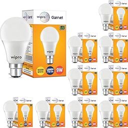 wipro Garnet 9W LED Bulb for Home & Office |Warm White (2700K) | B22 Base|220 degree Light coverage |4Kv Surge Protection |400V High Voltage Protection |Energy Efficient | Pack of 10-12