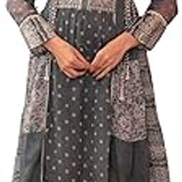 Grey Floral Embroidered Cotton Dress with Tassels & Denim Look-image-21