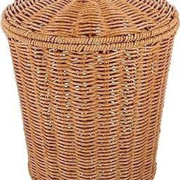 IMIKEYA Rattan Waste Basket with Lid, Portable Wicker Trash Can Round Trash Bin Woven Storage Basket Plastic Dirty Clothes Container for Office Kitchen Living Room Bedroom Bathroom 28cm-image-45