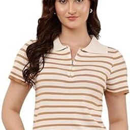 Women's Collar Neck Half Sleeve Regular Fit Striped Printed Cotton Knitting Fabric Polo T-Shirt-image-54