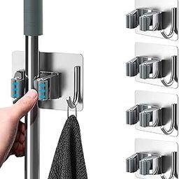 SITTELLA® 4 Pieces Stainless Steel 1 Rack with 1 Hook Heavy Duty Wall Mounted Broom and Mop Stick Holder, Hanging Tools for Home Kitchen Garden Laundry Garage (Silver)-image-29
