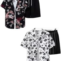 Men's Hawaiian Floral Shirt and Shorts Coord Set, 2-Pack, Black and White Tropical Print-image-61