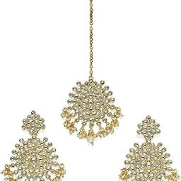 Gold Tone Traditional Kundan & Pearls Earring & Maangtikka Set For Women-ZPFK18412-37