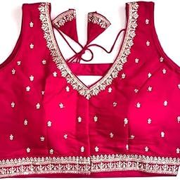 Women's Silk Heavy Embroidery Work V-Neck and Designer Back Side Pattern Sleeveless Readymade Blouse (38" Stitched and 42" Margin) (Free Size)-picture-20