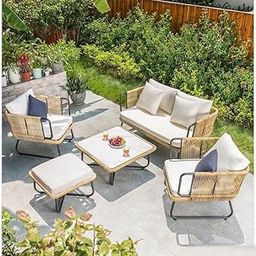DEVOKO Outdoor 5pcs All-Weather Rope Sofa Conversation Set with Cushioned Chair, Ottoman & White Marble Center Table for Garden, Terrace, Balcony, Poolside (Beige & White)-16