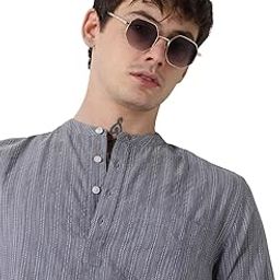 Men Blue Striped Kurta | Cotton Blend Fabric, Dobby Weave | High Neck, Full Sleeves, Button Closure, Regular Fit | Casual Wear, Ethnic Collection-image-8
