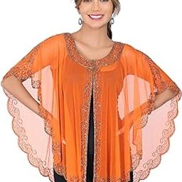 Women's Net Hand Bead Embroidery Designer Short Cape Poncho C-27-image-66