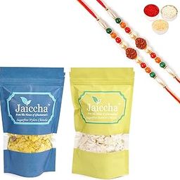 Jaiccha Ghasitaram Rakhi Gifts for Brothers - Best of 2 Sugarfree Basmati and Nylon Chiwda with 2 Rudraksh Rakhis-image-79