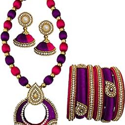 Grand Look Trendy Double Colour silk thread Jewellery set for Women's and Girls (Pack of 1Necklace, 1Pair of Earring & 6Piece of Bangles)-image-28