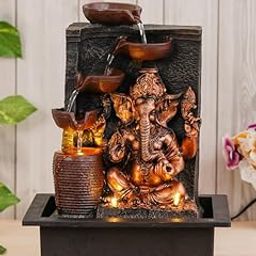 CHRONIKLE Polyresin Golden Brown Ganesha Idol Tabletop Indoor 4 Diya Steps Water Fountain for Home Decor with Yellow LED Light & Water Flow Controller Pump (Size: 39 x 29.5 x 22CM | Wt: 2195grm)-9