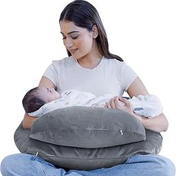 Cherilo Multipurpose Feeding Pillow for Newborn Baby with Security Fence Design, Adjustable Belt & Bottle Holder, Pillow for Nursing, Baby Support & Tummy time | Premium Velvet Cover | Grey-image-22