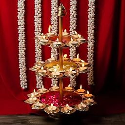 Divine Quest 3 Tier Brass Urli Metal Arts Metal Gold Urli Bowl with Diya. Urli Bowl for Home Decoration | Candle Stands with Diya | Diwali Showpiece Candle Holder.-image-10