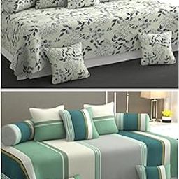 5D Printed Polycotton 8 Piece diwan Set Combo -(2 diwan bedsheet, 10 Cushion Covers, 4 Bolster Covers, Multicolor)-image-2
