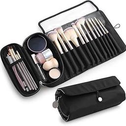 MAYCREATE Makeup Brush Holder Travel Makeup Brush Organizer Cosmetic Bag Roll Up Storage Case Pouch With 12 Brush Sleeve, Zipper & Mesh Pouch, Waterproof & Dustproof,Black-image-53