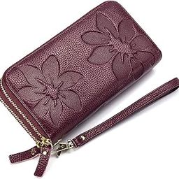 RFID Blocking Women’s Leather Wallet, Double Zipper Smartphone Pocket,Cash Slots Large Capacity Clutch Wristlet, 01-purple, Rfid Wallet-43