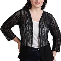 Women Self Design Cotton Lace 3/4th Sleeve Blazer Shrugs | Front Open, No Closure | Black | 2XL-25