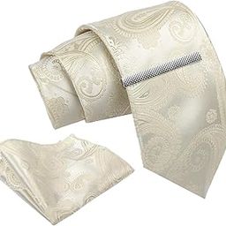 Tie for Men – Paisley Silk Neck Ties Set with Cufflinks Flower Pin, Pocket Square & Black Gift Box, Combo Necktie Sets for Office Wear, Formal Suits & Weddings (Elegant Beige, NXSMX_49)-image-91
