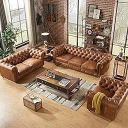 CROWN FURNITURE ART & Classic Leatherette Chesterfield 3+2+1 Seater Sofa Set for Living Room Leatherette Chesterfield Sofa Set (6 Seater)(Brown A1)-image-21