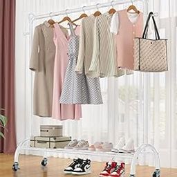 Lukzer Multi-Functional Cloth Rack Stand with Bottom Shelves & Wheels – Metal Storage Rack for Hanging Clothes, Coats, Hats – DIY Cloth Hanger (148 x 120 x 38 cm, White)-image-20