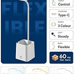 TEQO 3 Color Mode Table Desk Study Lamp for Students with Mobile & Pen Holder, Touch ON/Off Rechargeable, 360° Adjustable (White)-18