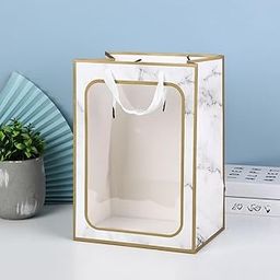 SATYAM KRAFT 6 Pcs Transparent Bag Goodie Bags With Handle Bag,Hamper Bag,Carry Bags,Shopping Gift Bag,Valentine, engagement Gifting,Return Gifts,Birthday,Wedding,Festivals,Events(Big) (Marble print with yellow border)-image-3