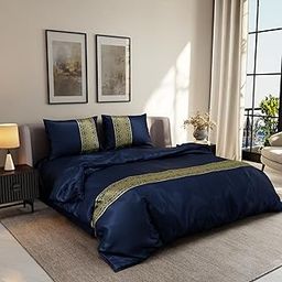 Stoa Paris Comforter Set for Double Size Bed, 300TC Premium Satin, 1 Comforter with 2 Pillow Covers, Aesthetic Home Decor, Wedding Gift for Couples, Versailles - Navy Blue-9