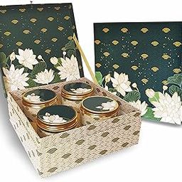 Cardboard Gift Box 9(L) X 9(B) X 3.5(H) Inch Lotus Floral Gold Foiling Designer Box With 4 Empty Jars For Diwali,Weddings,Christmas,Corporate Gifts,Gift Hampers,1 Count-5