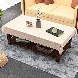 Heart Home 36x54 Inch PVC Center Table Cover Cloth 4 Seater for Teapoy | Water Resistant Tablecloth | Shining Khadi Cutwork - Beige-image-1