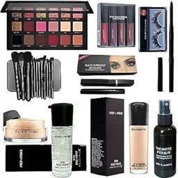 WRYAK Combo Makeup kit set of-14 Foundation,Primer,Eyeliner, Mascara, Kajal, Loose Face Powder, Eyeshadow, Makeup Brush, Makeup Fixer, Eyelashes and Red Edition Lipstick-17